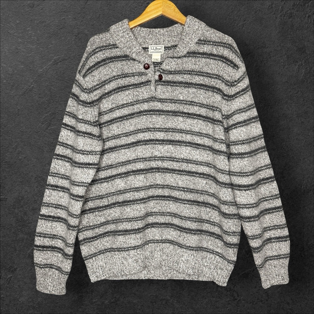 LL Bean 100% Lambs Wool Pullover Men's Henley Ragg Sweater Size XL‎ Gray Striped